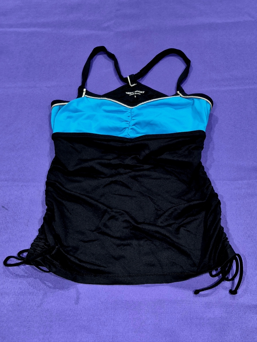 Bebe Sport Logo Blue/Black Ruched @ Sides Tank Top w/Shelf Bra - P/XS.
